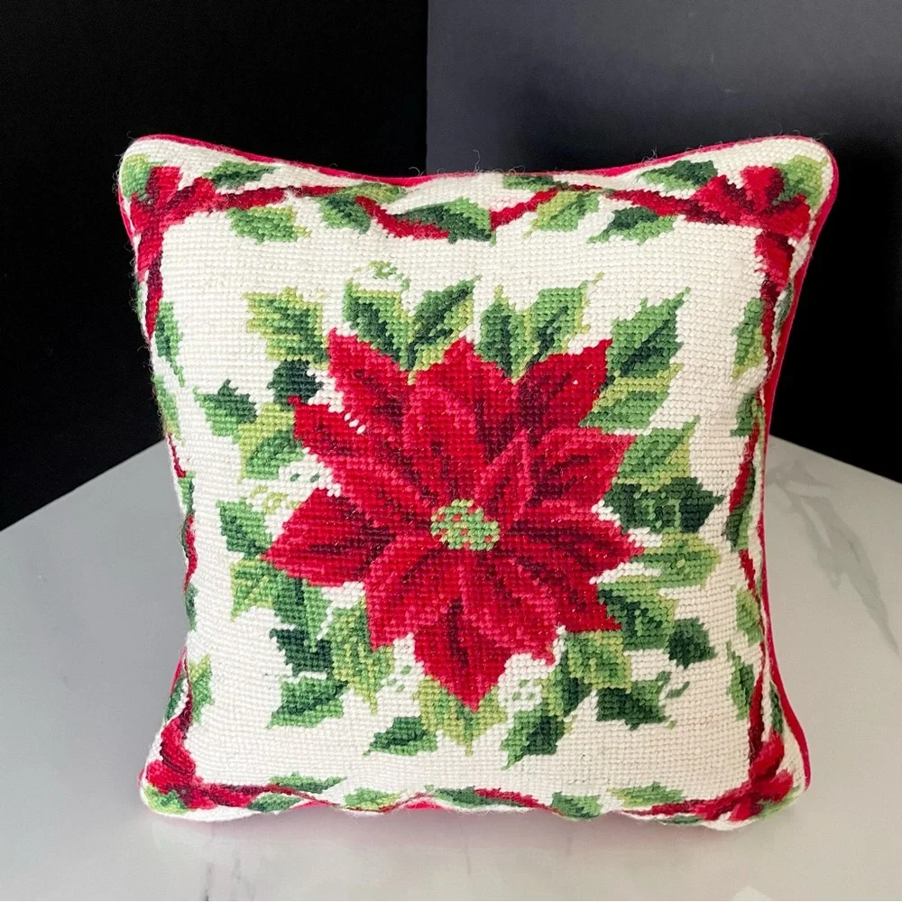 Poinsettia Needlepoint Holiday Pillow